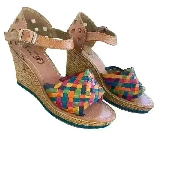 ARTESANIAS JR ARIAS WEDGE Sandals Size 9 Mexican Leather Colorful Basketweave - Picture 1 of 15